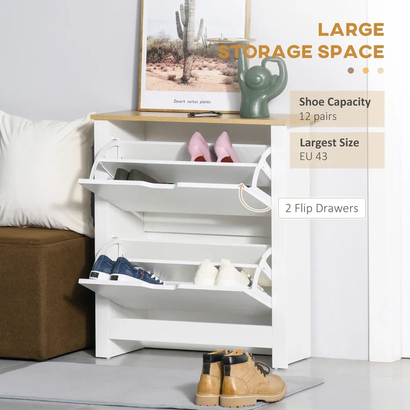 Shoe Storage Cabinet, 2 Flip Drawers, Adjustable Shelves, White