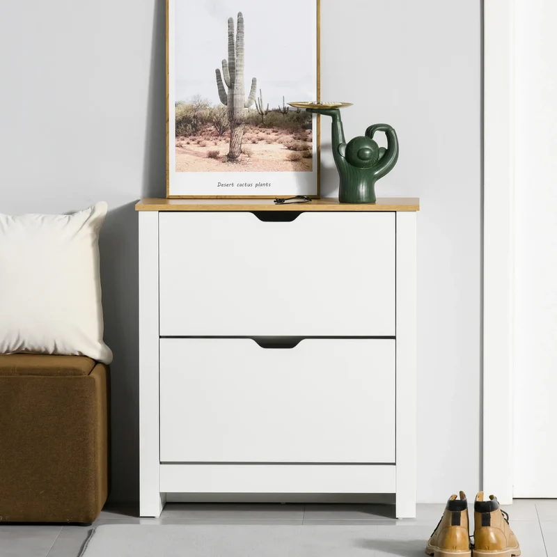 Shoe Storage Cabinet, 2 Flip Drawers, Adjustable Shelves, White