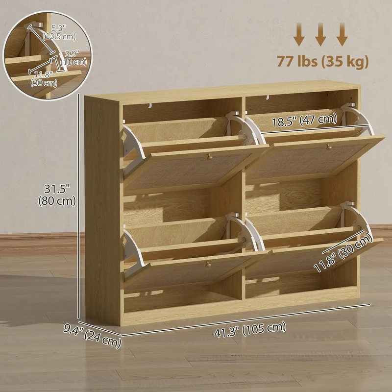 Narrow Shoe Storage Cabinet, 4 Flip Drawers, Adjustable Shelves, 20 Pairs, Oak