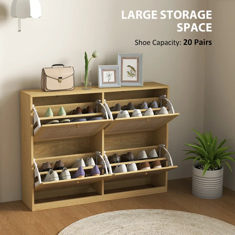 Narrow Shoe Storage Cabinet, 4 Flip Drawers, Adjustable Shelves, 20 Pairs, Oak