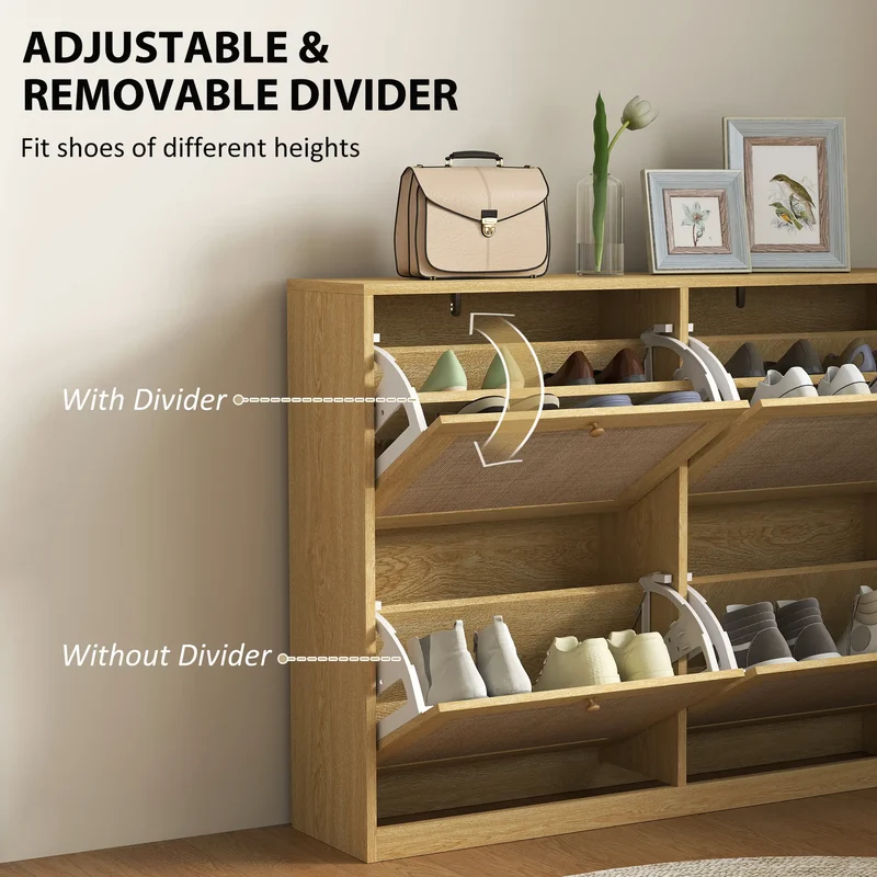 Narrow Shoe Storage Cabinet, 4 Flip Drawers, Adjustable Shelves, 20 Pairs, Oak