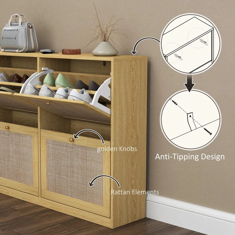 Narrow Shoe Storage Cabinet, 4 Flip Drawers, Adjustable Shelves, 20 Pairs, Oak