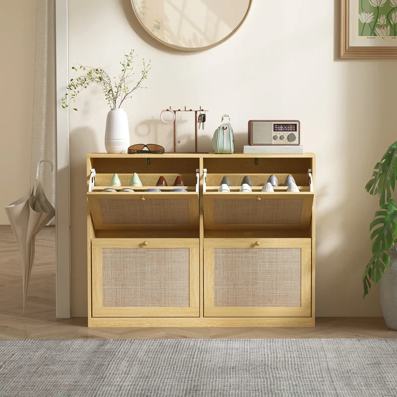 Narrow Shoe Storage Cabinet, 4 Flip Drawers, Adjustable Shelves, 20 Pairs, Oak