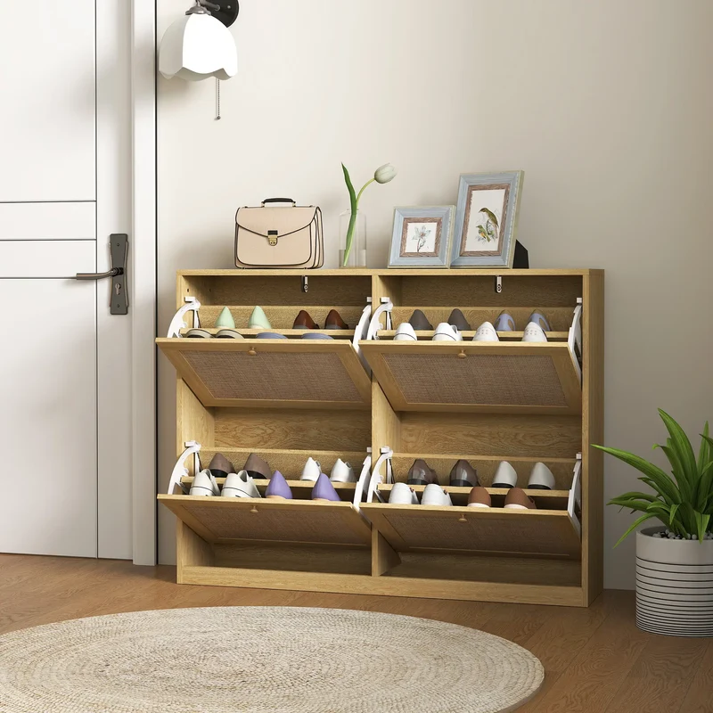 Narrow Shoe Storage Cabinet, 4 Flip Drawers, Adjustable Shelves, 20 Pairs, Oak