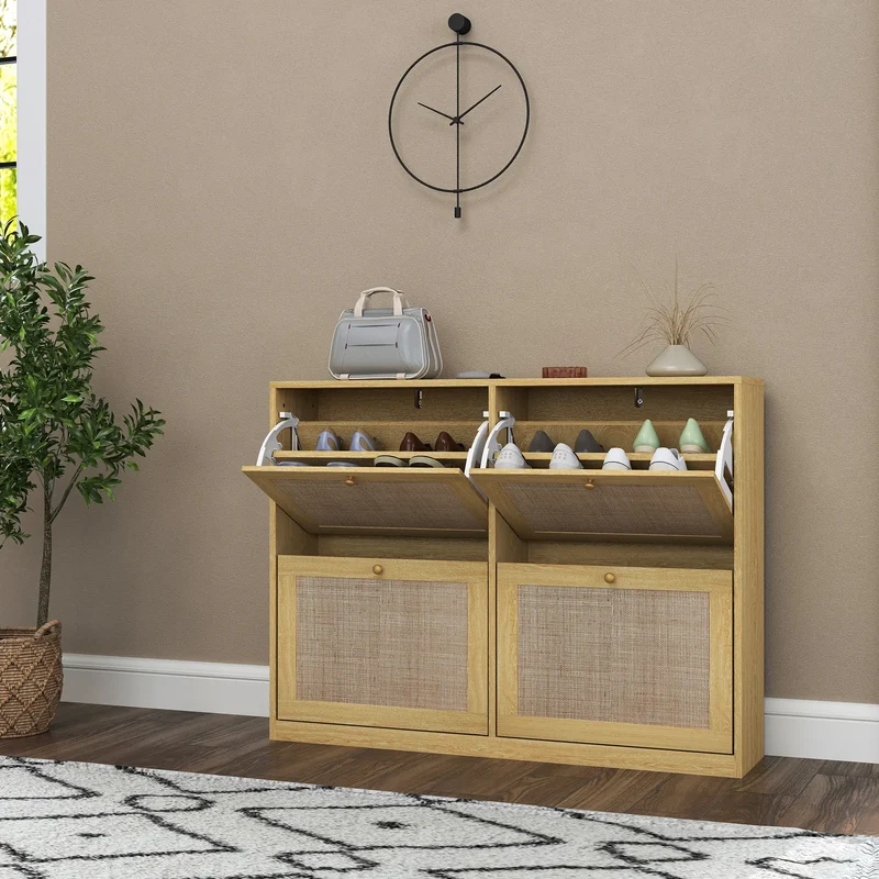 Narrow Shoe Storage Cabinet, 4 Flip Drawers, Adjustable Shelves, 20 Pairs, Oak