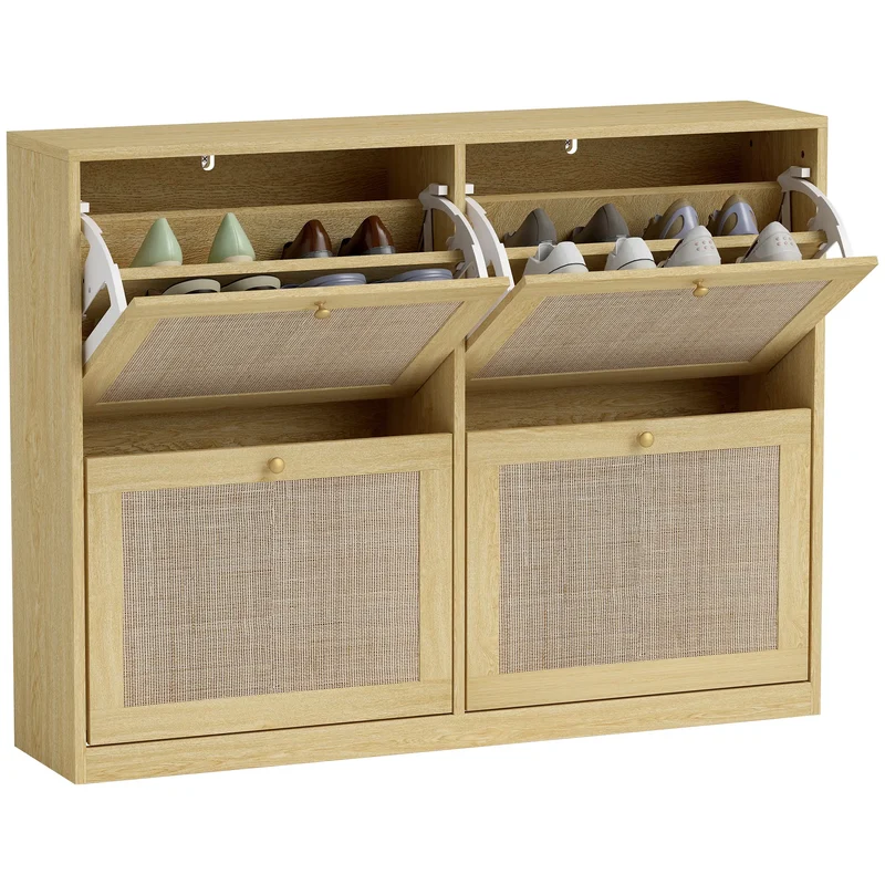 Narrow Shoe Storage Cabinet, 4 Flip Drawers, Adjustable Shelves, 20 Pairs, Oak