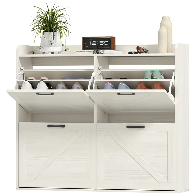 Narrow Shoe Storage Cabinet, 4 Flip Drawers, Adjustable Shelves, 16 Pair, White Oak