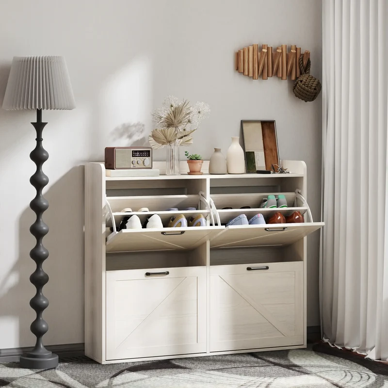 Narrow Shoe Storage Cabinet, 4 Flip Drawers, Adjustable Shelves, 16 Pair, White Oak
