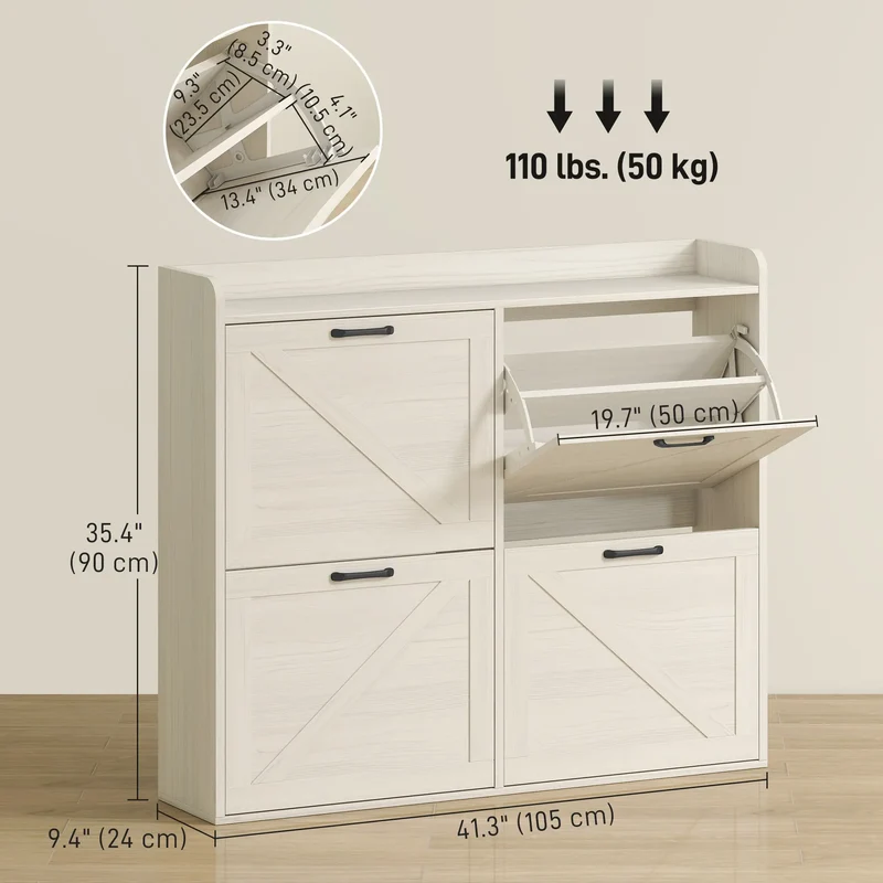 Narrow Shoe Storage Cabinet, 4 Flip Drawers, Adjustable Shelves, 16 Pair, White Oak