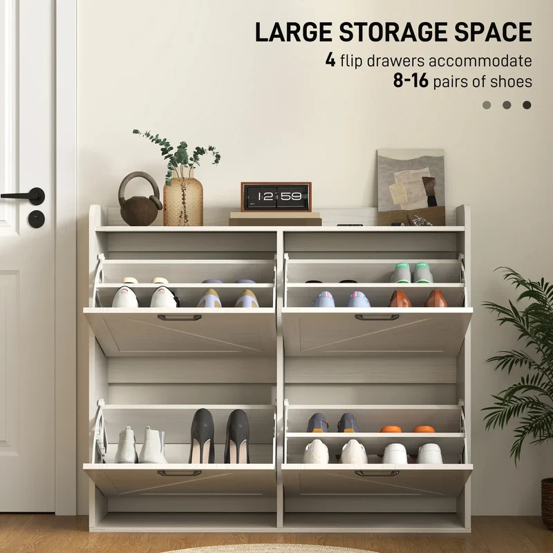 Narrow Shoe Storage Cabinet, 4 Flip Drawers, Adjustable Shelves, 16 Pair, White Oak