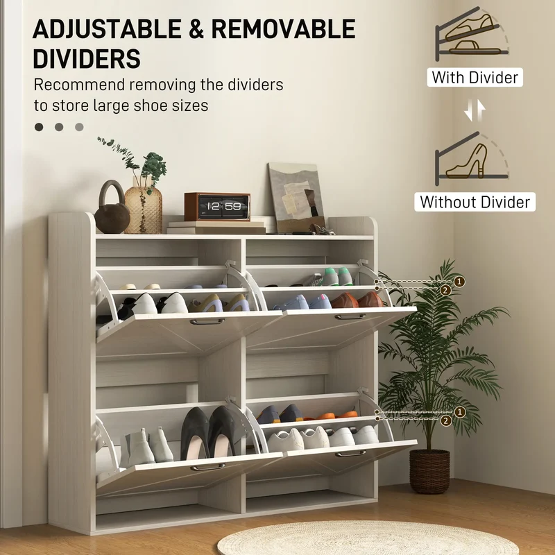 Narrow Shoe Storage Cabinet, 4 Flip Drawers, Adjustable Shelves, 16 Pair, White Oak