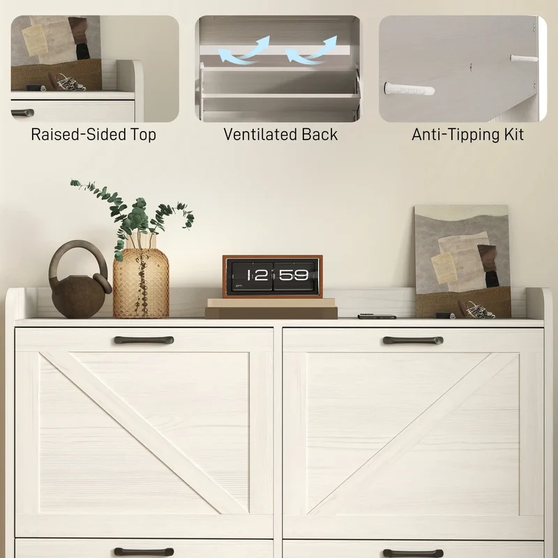 Narrow Shoe Storage Cabinet, 4 Flip Drawers, Adjustable Shelves, 16 Pair, White Oak