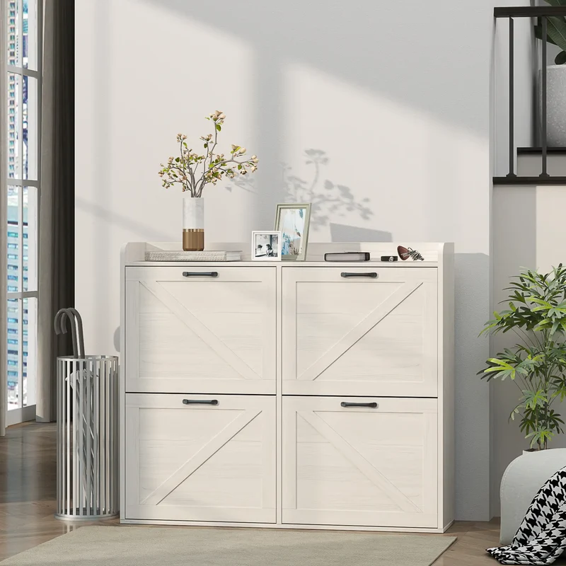 Narrow Shoe Storage Cabinet, 4 Flip Drawers, Adjustable Shelves, 16 Pair, White Oak
