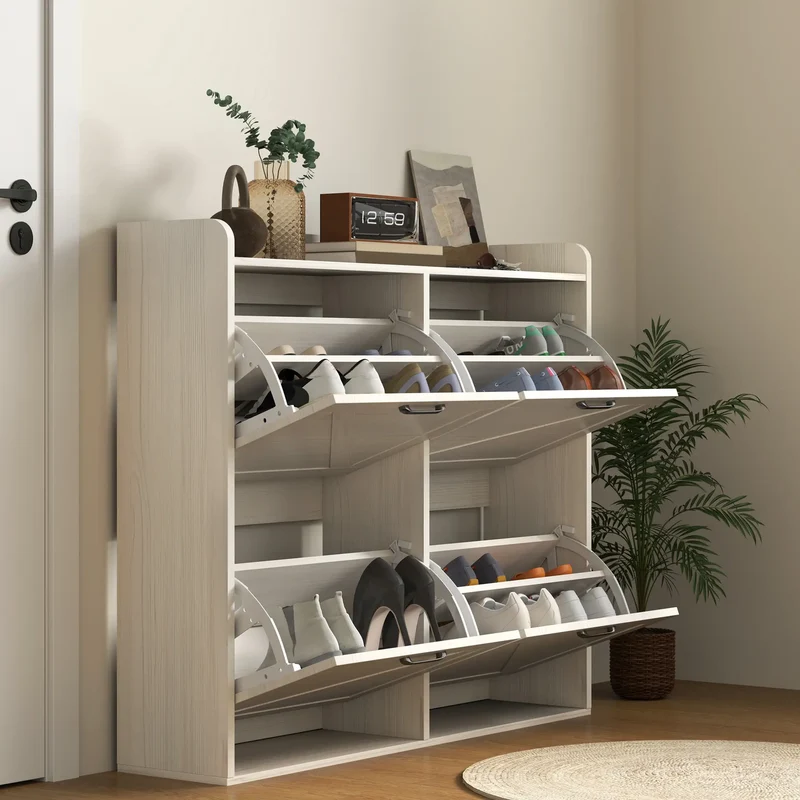 Narrow Shoe Storage Cabinet, 4 Flip Drawers, Adjustable Shelves, 16 Pair, White Oak
