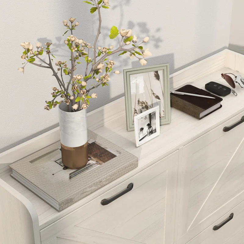 Narrow Shoe Storage Cabinet, 4 Flip Drawers, Adjustable Shelves, 16 Pair, White Oak