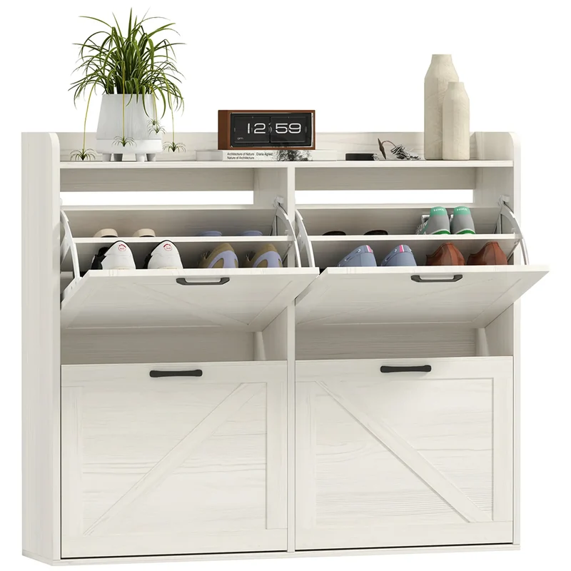 Narrow Shoe Storage Cabinet, 4 Flip Drawers, Adjustable Shelves, 16 Pair, White Oak