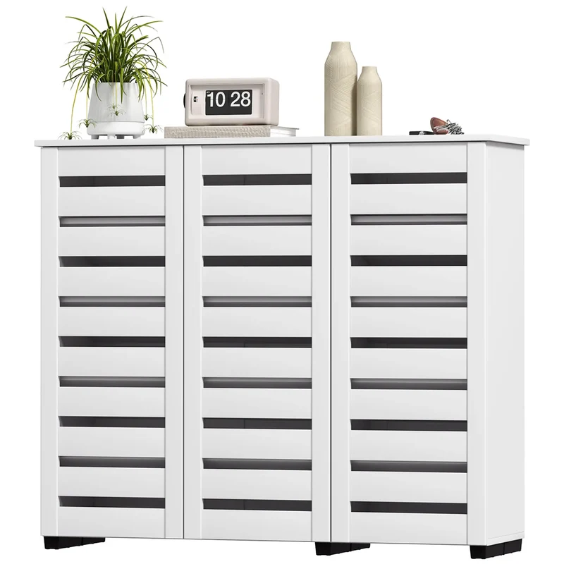 Narrow Shoe Cabinet, Slatted Doors, Adjustable Shelves, 20 Pairs, White