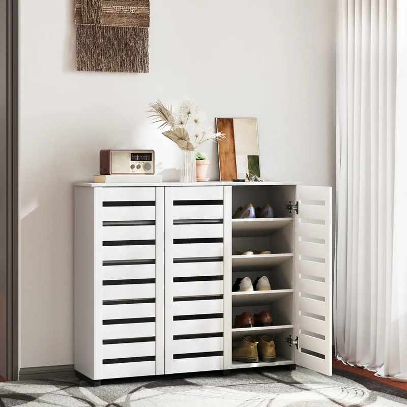 Narrow Shoe Cabinet, Slatted Doors, Adjustable Shelves, 20 Pairs, White