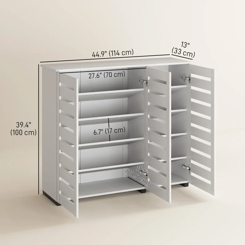 Narrow Shoe Cabinet, Slatted Doors, Adjustable Shelves, 20 Pairs, White