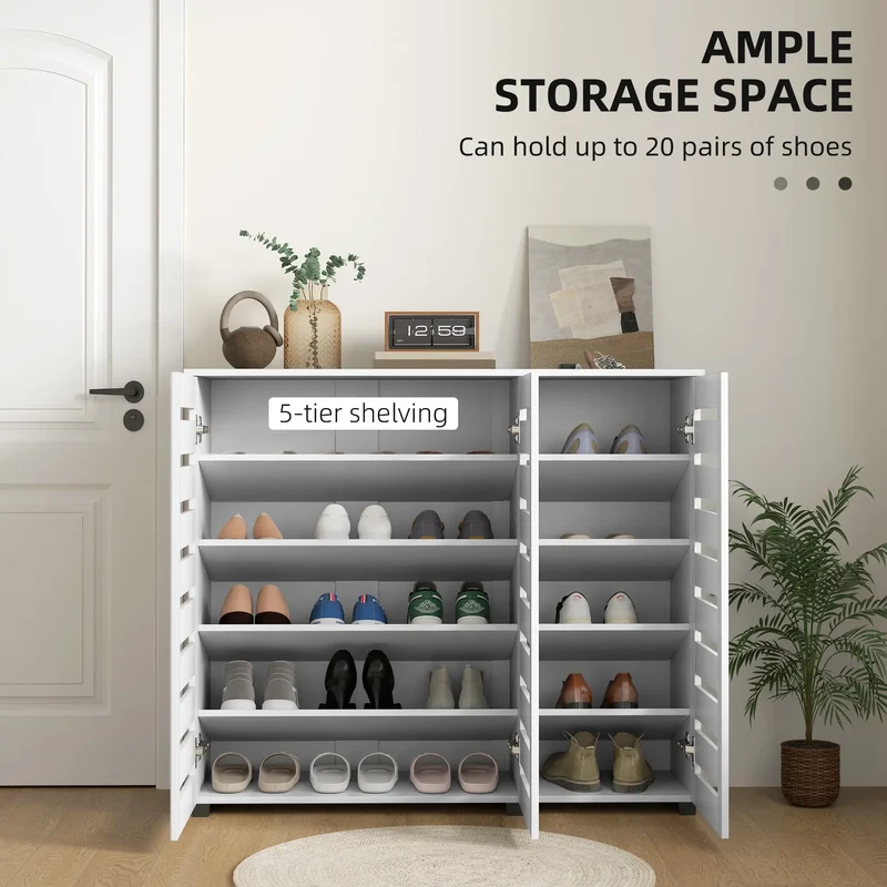 Narrow Shoe Cabinet, Slatted Doors, Adjustable Shelves, 20 Pairs, White