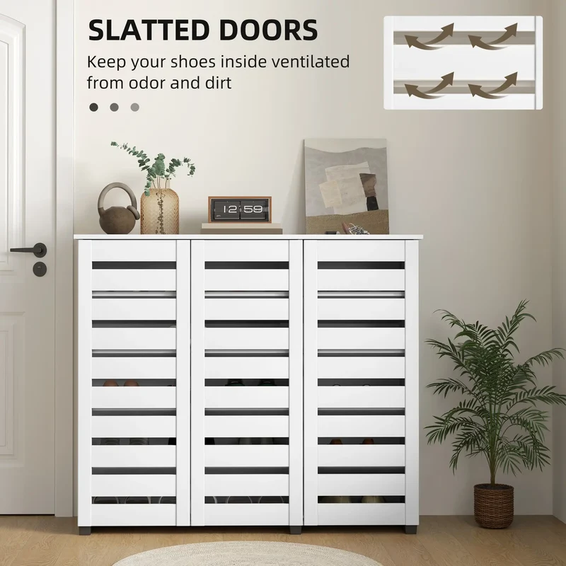 Narrow Shoe Cabinet, Slatted Doors, Adjustable Shelves, 20 Pairs, White
