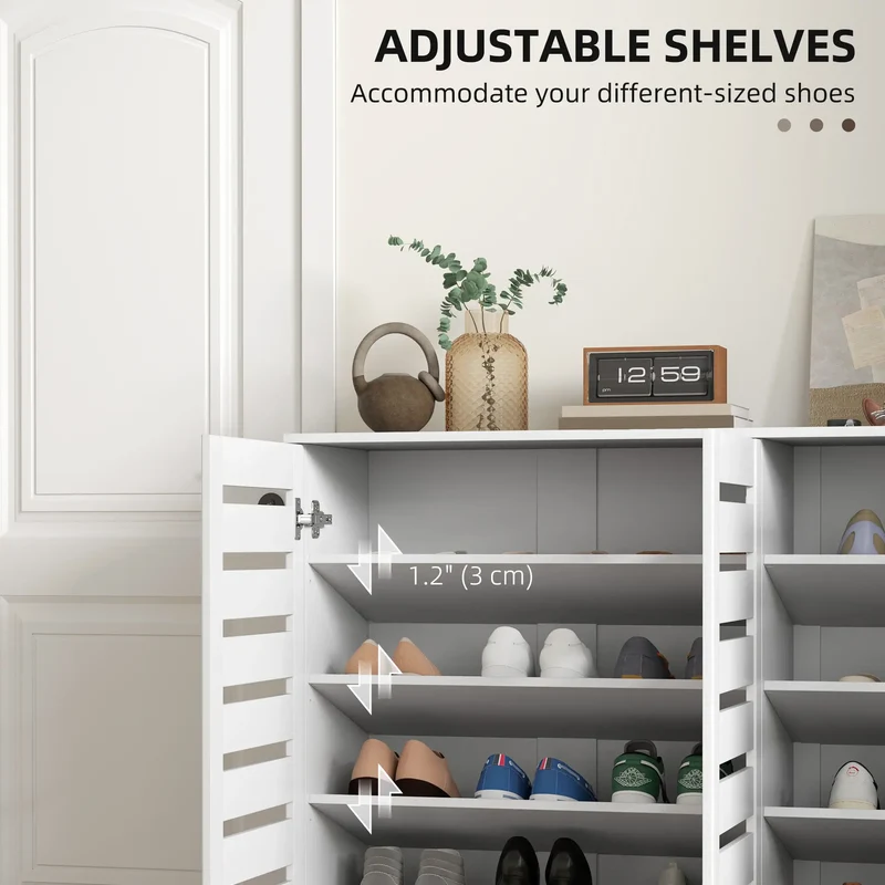 Narrow Shoe Cabinet, Slatted Doors, Adjustable Shelves, 20 Pairs, White