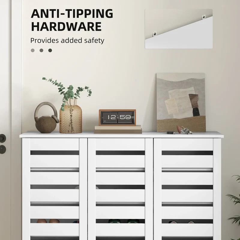 Narrow Shoe Cabinet, Slatted Doors, Adjustable Shelves, 20 Pairs, White