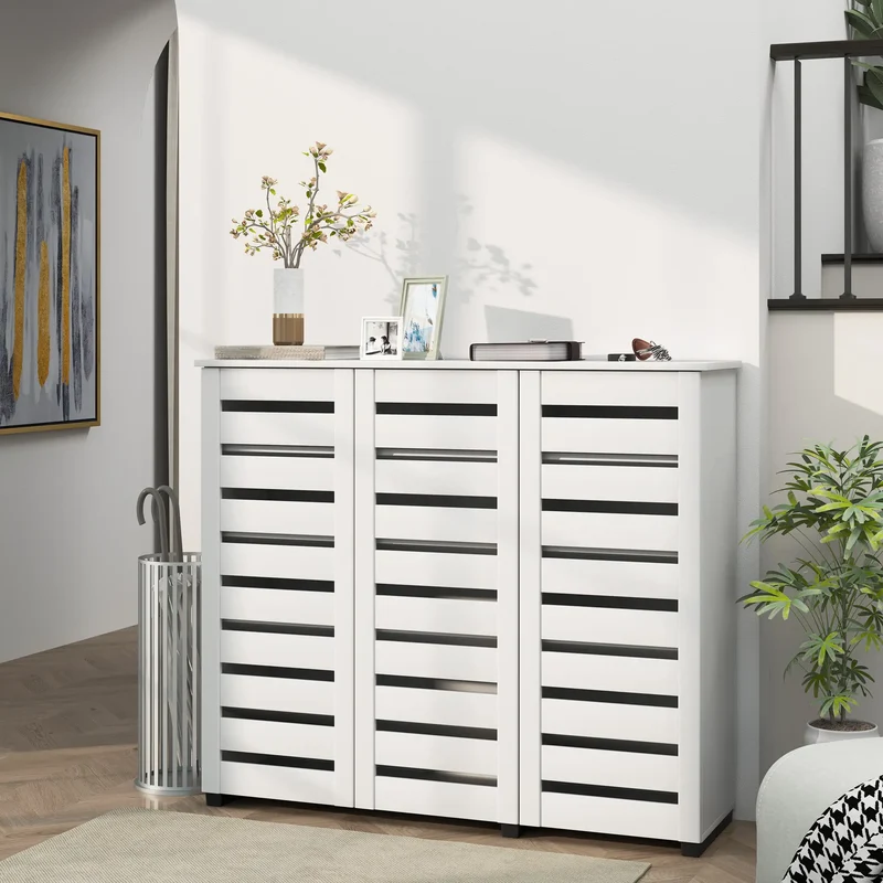 Narrow Shoe Cabinet, Slatted Doors, Adjustable Shelves, 20 Pairs, White