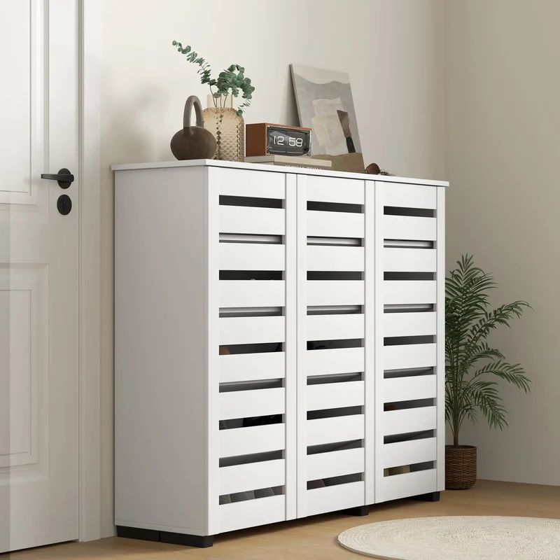 Narrow Shoe Cabinet, Slatted Doors, Adjustable Shelves, 20 Pairs, White