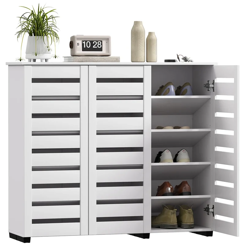 Narrow Shoe Cabinet, Slatted Doors, Adjustable Shelves, 20 Pairs, White