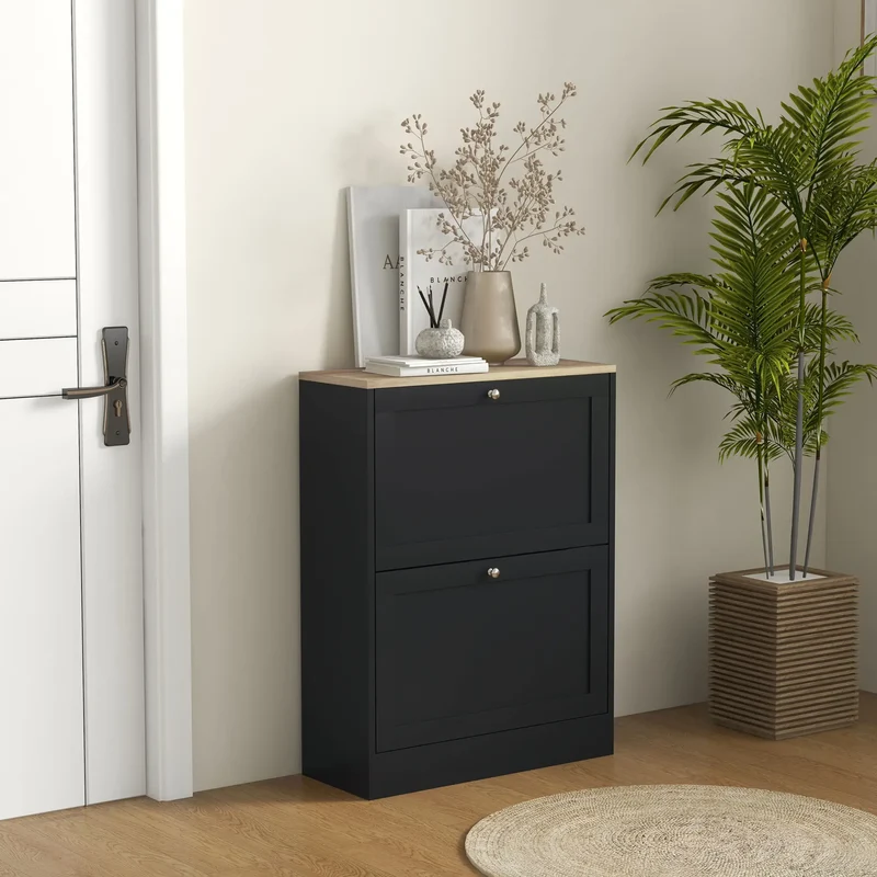 Slim Shoe Storage Cabinet, 2 Flip Drawers, Adjustable Shelves for 12 Pairs, Black