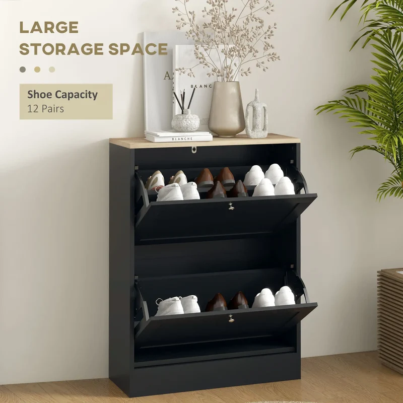 Slim Shoe Storage Cabinet, 2 Flip Drawers, Adjustable Shelves for 12 Pairs, Black