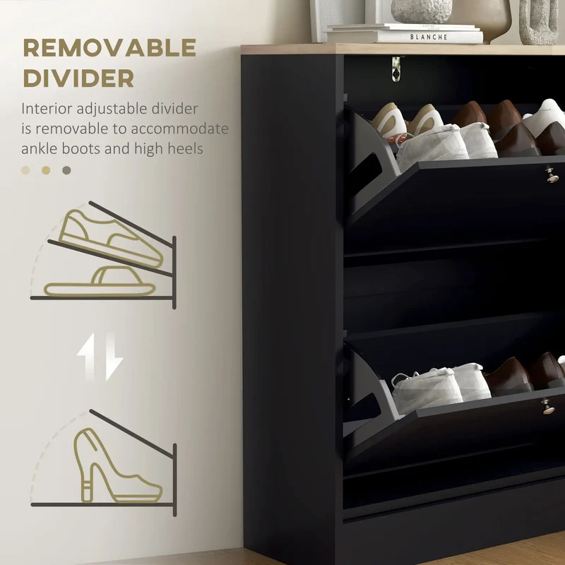 Slim Shoe Storage Cabinet, 2 Flip Drawers, Adjustable Shelves for 12 Pairs, Black