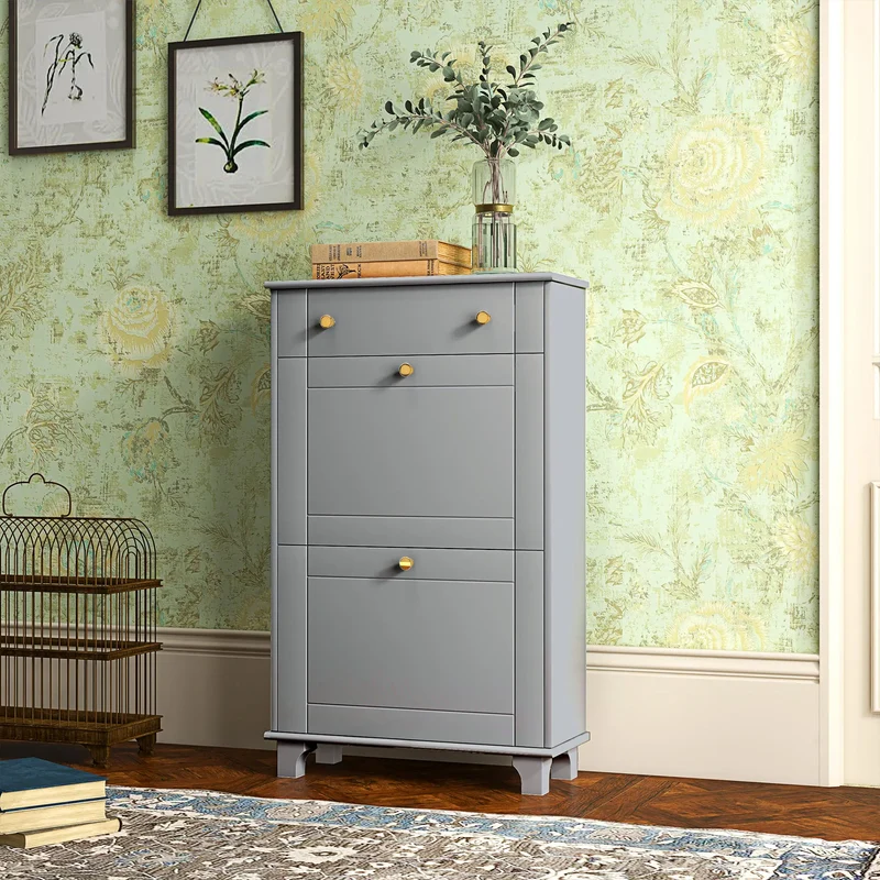 Slim Shoe Storage, 2 Flip Drawers, Adjustable Shelves, 8 Pair, Grey