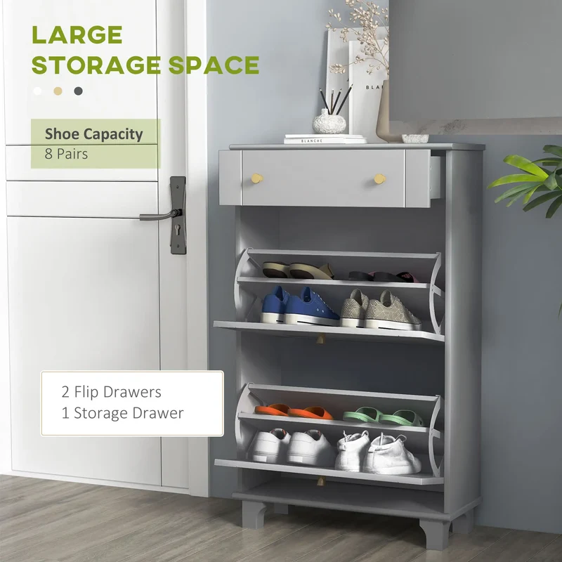 Slim Shoe Storage, 2 Flip Drawers, Adjustable Shelves, 8 Pair, Grey