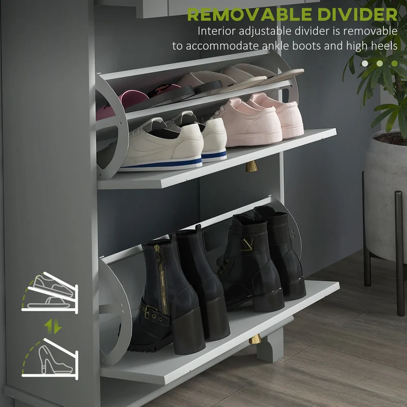 Slim Shoe Storage, 2 Flip Drawers, Adjustable Shelves, 8 Pair, Grey