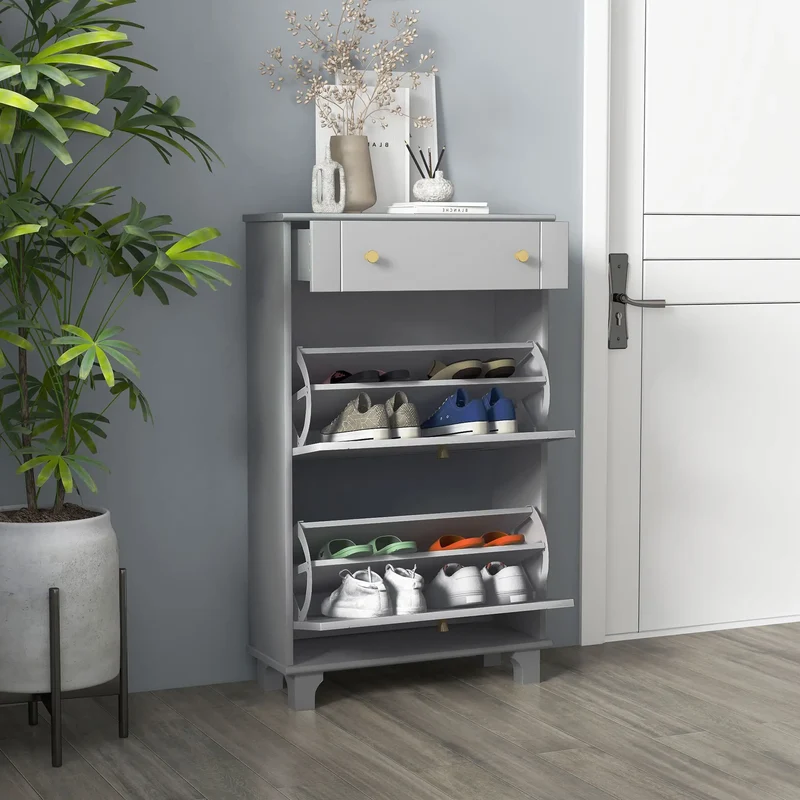 Slim Shoe Storage, 2 Flip Drawers, Adjustable Shelves, 8 Pair, Grey