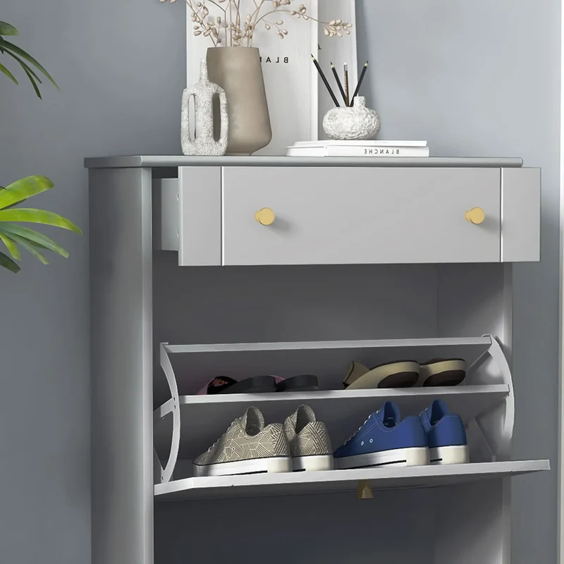 Slim Shoe Storage, 2 Flip Drawers, Adjustable Shelves, 8 Pair, Grey