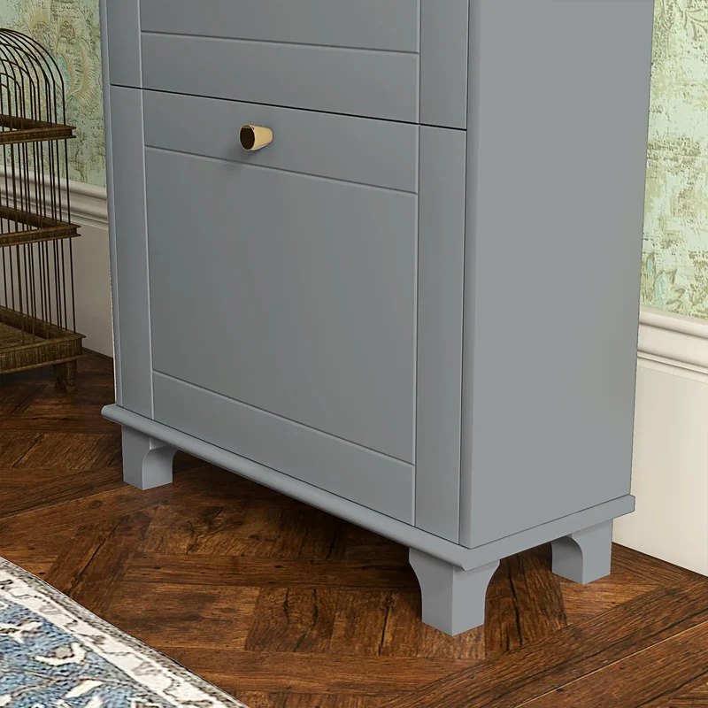 Slim Shoe Storage, 2 Flip Drawers, Adjustable Shelves, 8 Pair, Grey