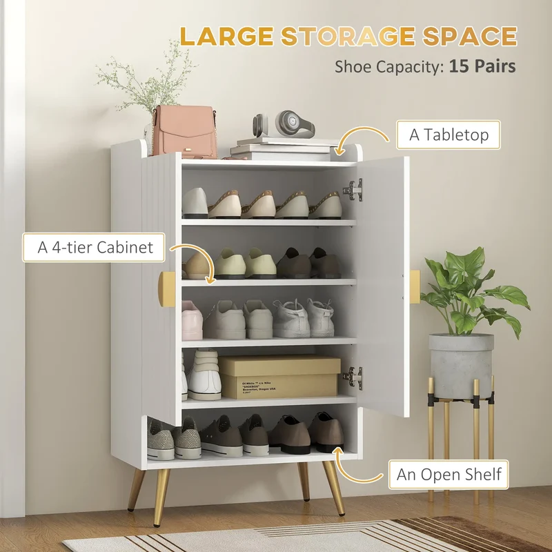 Narrow Shoe Storage Cabinet, Adjustable Shelves for 15 Pairs, White