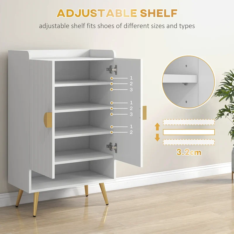 Narrow Shoe Storage Cabinet, Adjustable Shelves for 15 Pairs, White