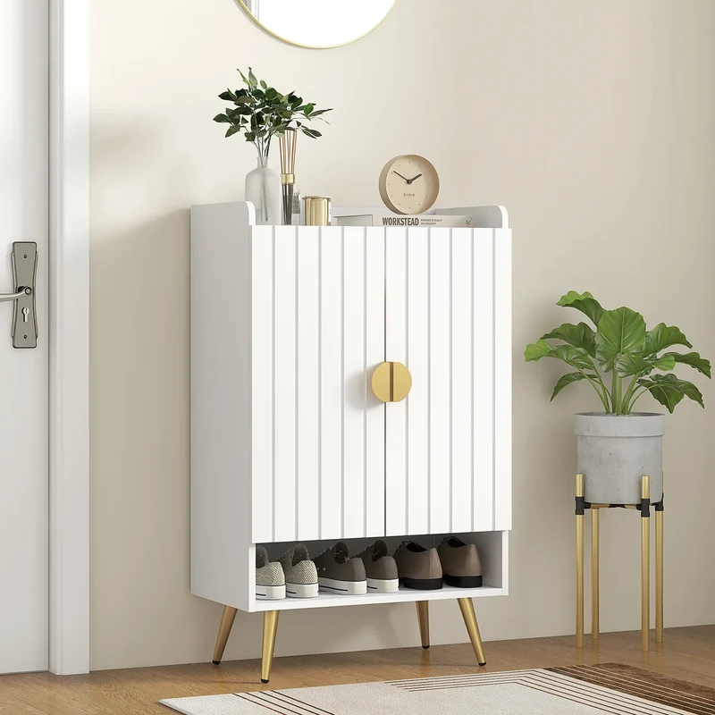 Narrow Shoe Storage Cabinet, Adjustable Shelves for 15 Pairs, White