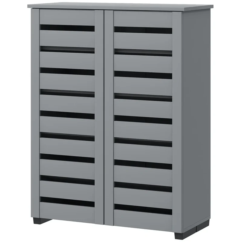 Shoe Storage Cabinet, 2 Slatted Doors, Holds 15 Pairs, Dark Grey