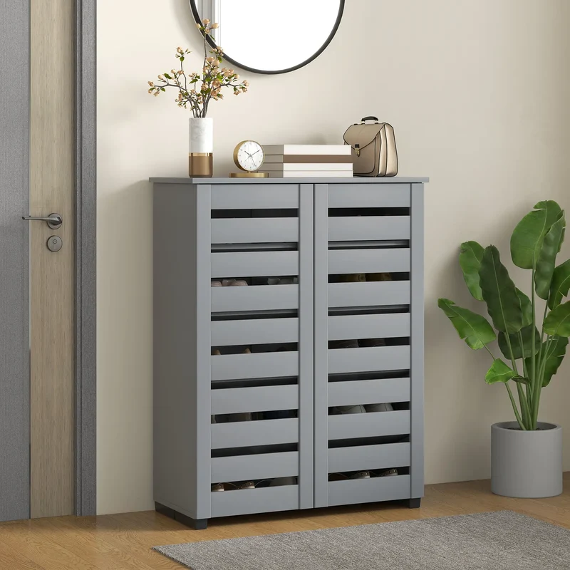 Shoe Storage Cabinet, 2 Slatted Doors, Holds 15 Pairs, Dark Grey