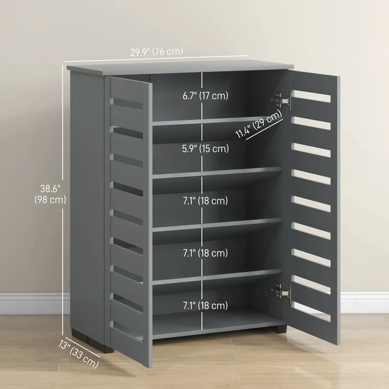 Shoe Storage Cabinet, 2 Slatted Doors, Holds 15 Pairs, Dark Grey