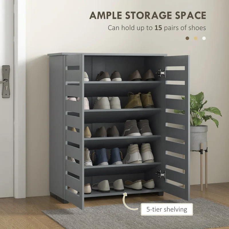 Shoe Storage Cabinet, 2 Slatted Doors, Holds 15 Pairs, Dark Grey