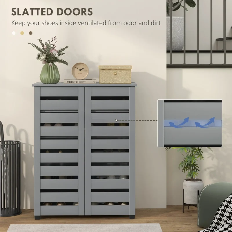Shoe Storage Cabinet, 2 Slatted Doors, Holds 15 Pairs, Dark Grey