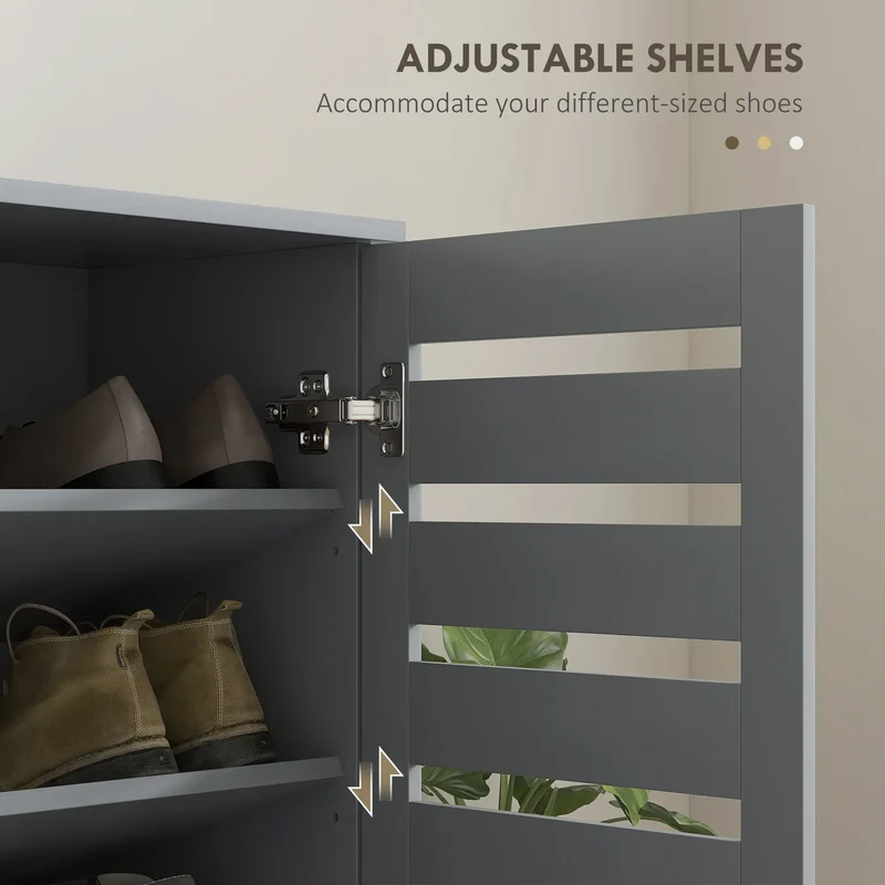 Shoe Storage Cabinet, 2 Slatted Doors, Holds 15 Pairs, Dark Grey