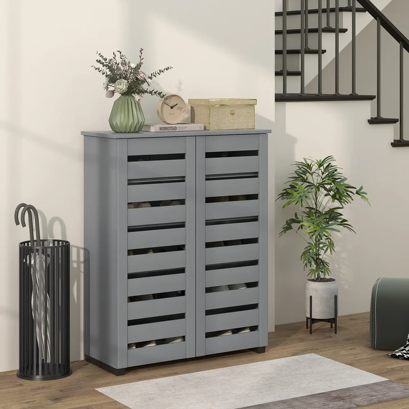 Shoe Storage Cabinet, 2 Slatted Doors, Holds 15 Pairs, Dark Grey