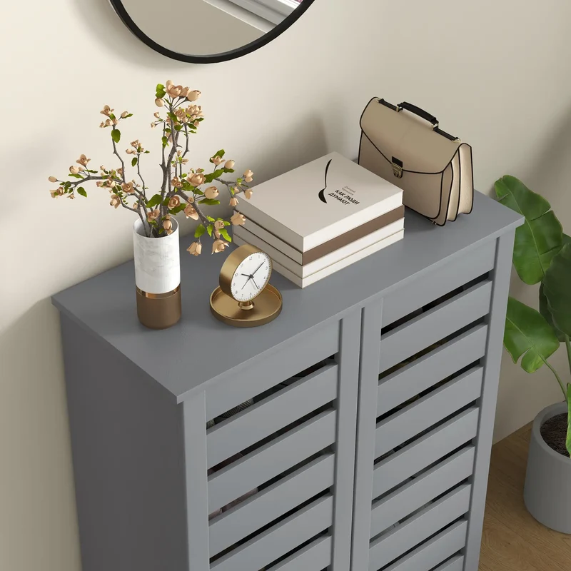 Shoe Storage Cabinet, 2 Slatted Doors, Holds 15 Pairs, Dark Grey